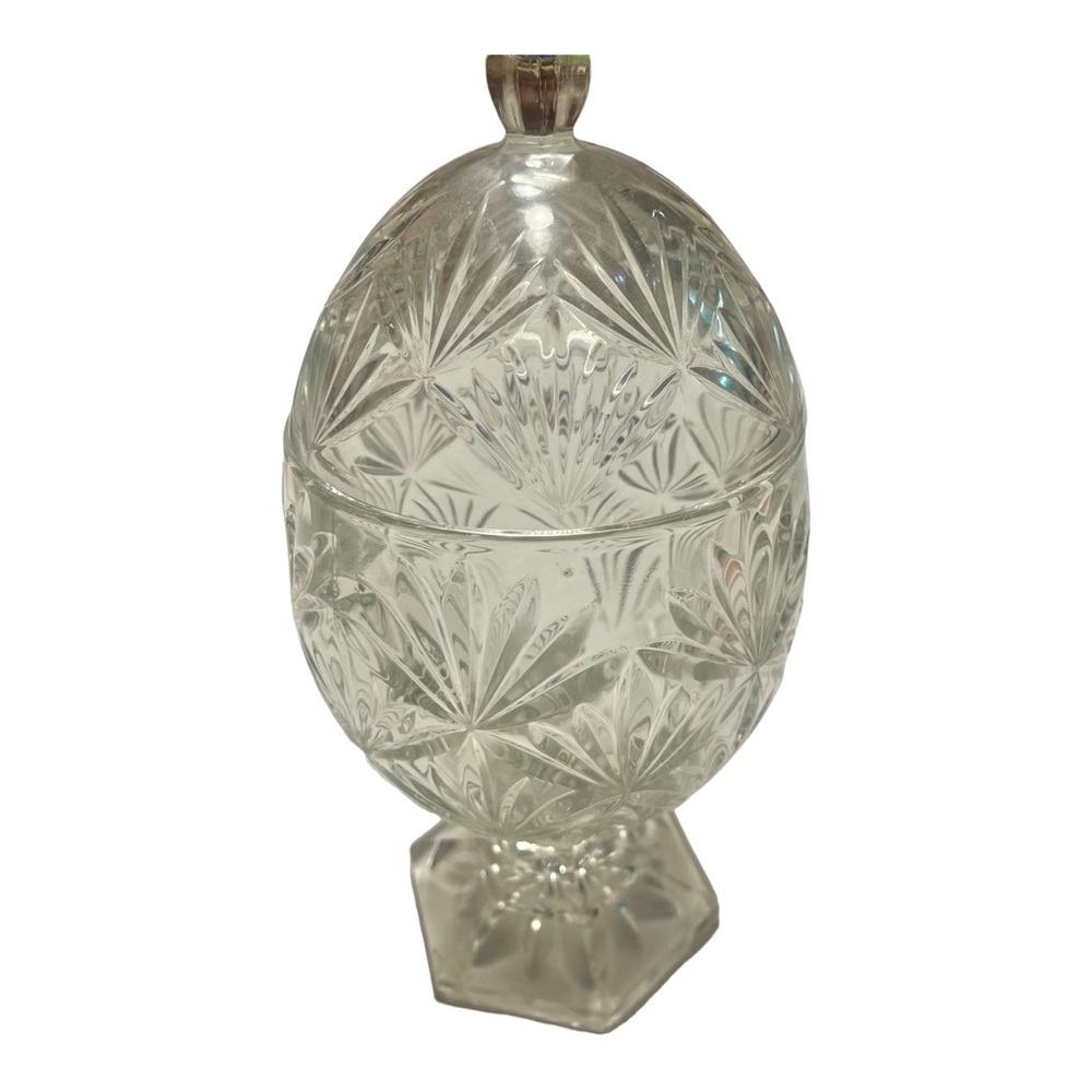 Vtg Teleflora  Egg Shaped Cut Etched Glass  Footed Candy Dish & Lid Made in USA